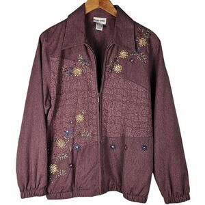 VTG Alfred Dunner jacket womens size 12 purple with embroidered flowers zip up